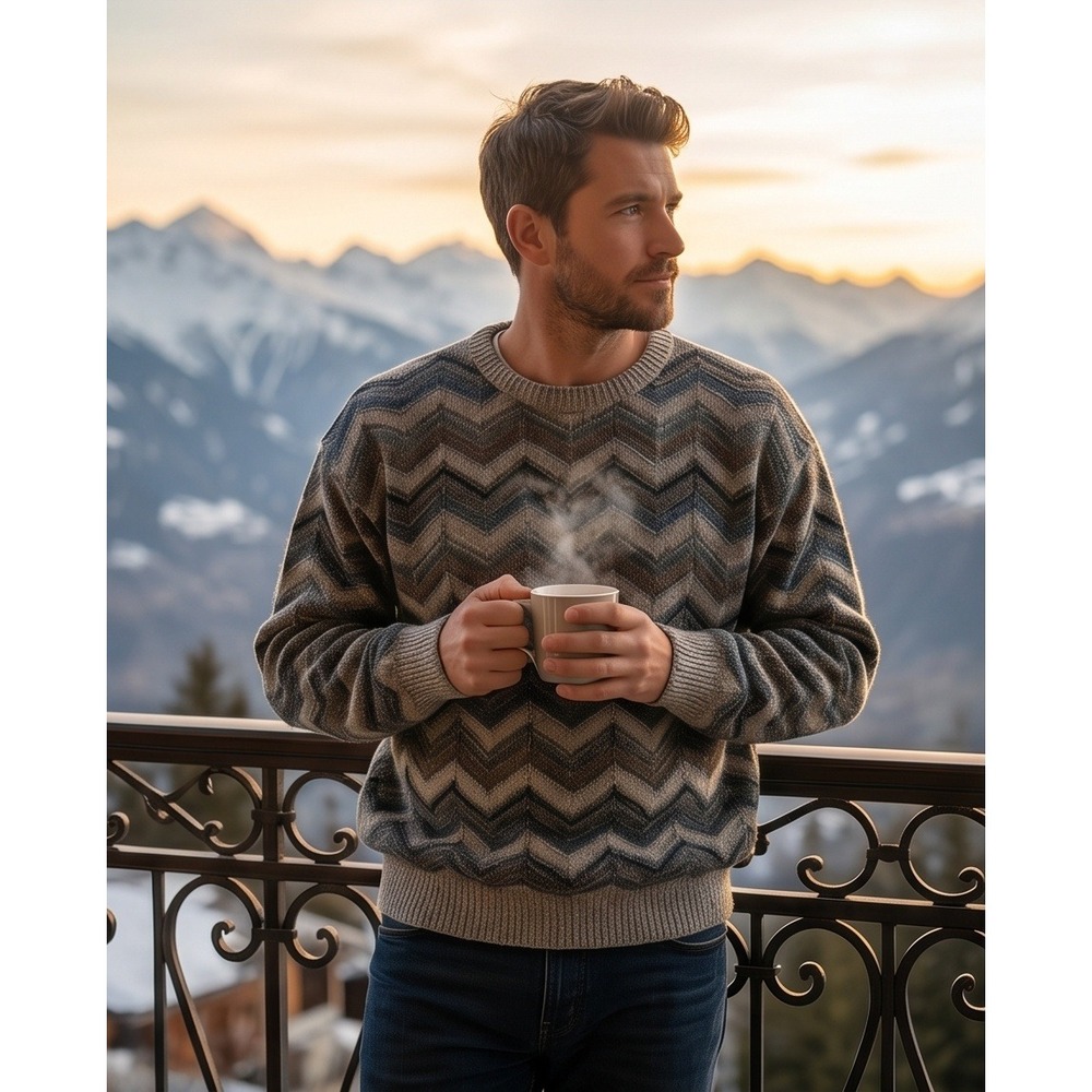 Vintage Northern Isles L Mens Chevron Zig Zag Crewneck Sweater Gray Brown *Hole*